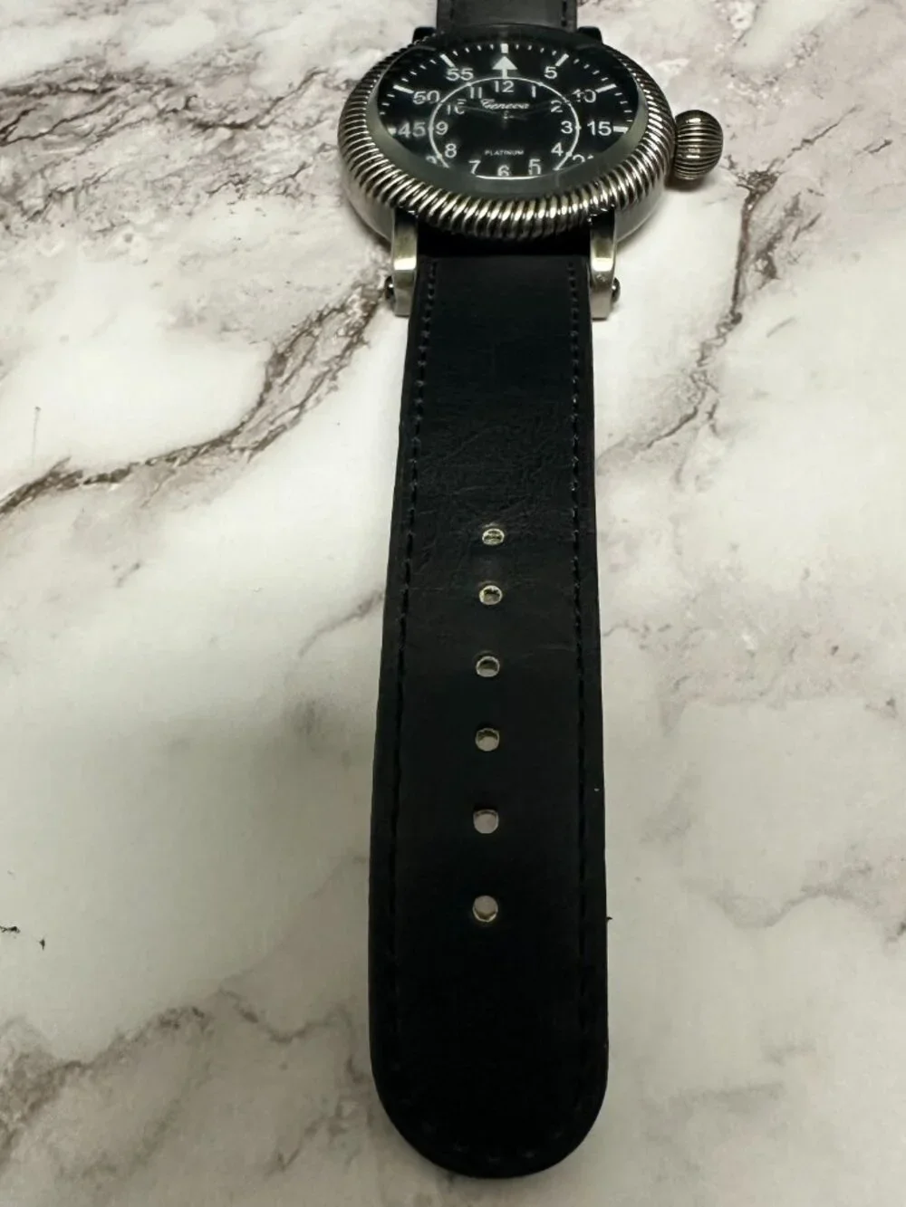Geneva Watch Men Silver Tone Black Faux Leather Band 47MM Dial New Battery